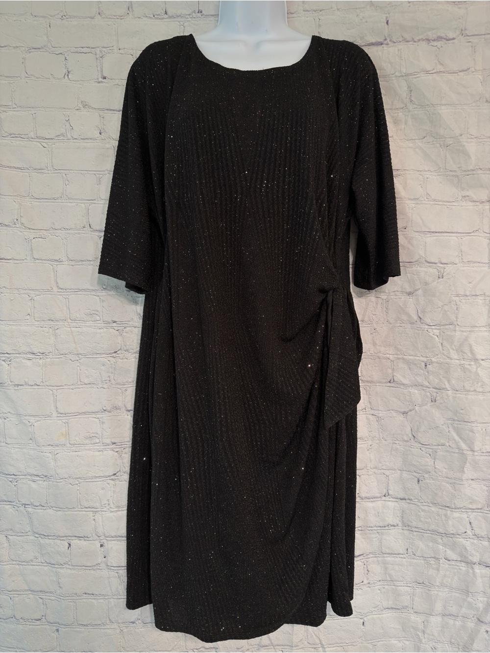 Signature by Robbie Bee Black Sparkle Midi Dress with Side Draped Tie 1X